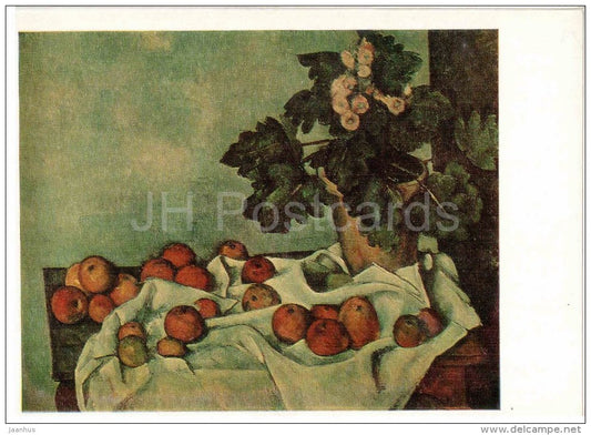 painting by Paul Cezanne - Still Life . Pot , Geranium and Fruits , 1894 - apple - flowers - french art  - unused - JH Postcards