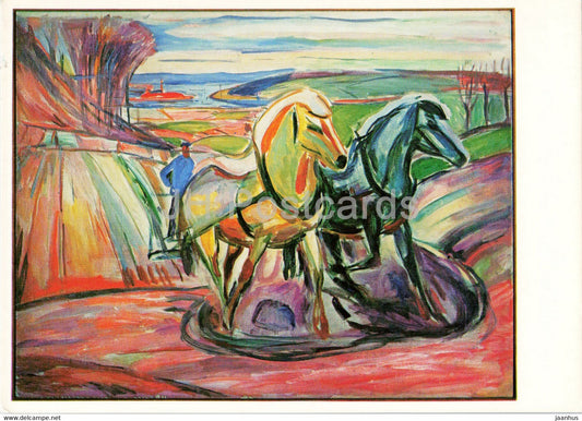 painting by Edvard Munch - Spring Ploughing - Fruhlingspflugen - horse - Norwegian art - Norway - unused - JH Postcards