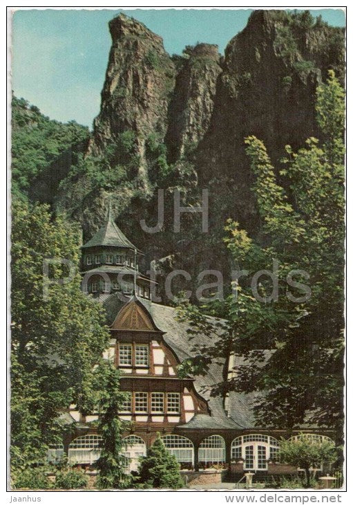 Bad Münster am Stein - Kurmittelhaus und Rheingrafenstein - Spa Hotel and Rheingrafen Rock - Germany - 1965 gelaufen - JH Postcards
