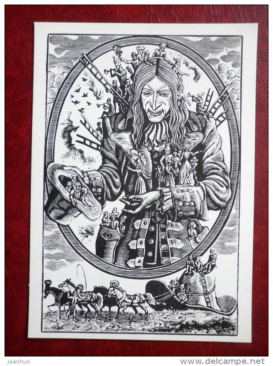 befriending - Gulliver's Travels by Jonathan Swift - book - engravings by S. Harlamov - Russia USSR - 1976 - unused - JH Postcards