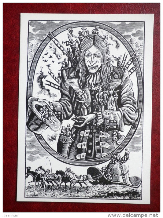 befriending - Gulliver's Travels by Jonathan Swift - book - engravings by S. Harlamov - Russia USSR - 1976 - unused - JH Postcards