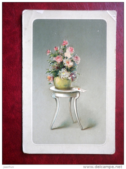 Birthday Greeting Card - flowers in a vase - circulated in Tsarist Russia 1915 , Wesenberg - used - JH Postcards