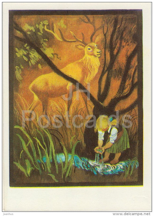illustration - girl - deer - Don´t Cry Mushroom by D. Mrazkova - fairy tale  - 1979 - Russia USSR - unused - JH Postcards