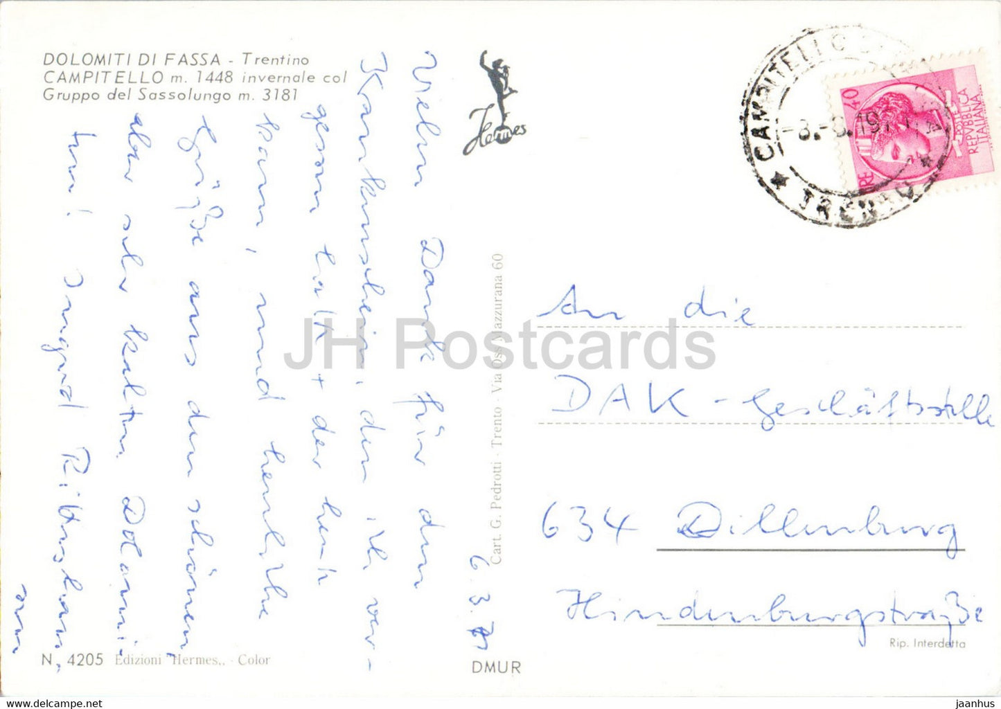 Dolomiti di Fassa - Trentino - Campitello 1448 m - invernale col Gruppo del Sassolungo 3181 m - 1971 - Italy - used