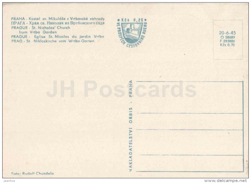Praha - Prague - St. Nicholas Church from Vrtba Garden  - Czechoslovakia - Czech - unused - JH Postcards