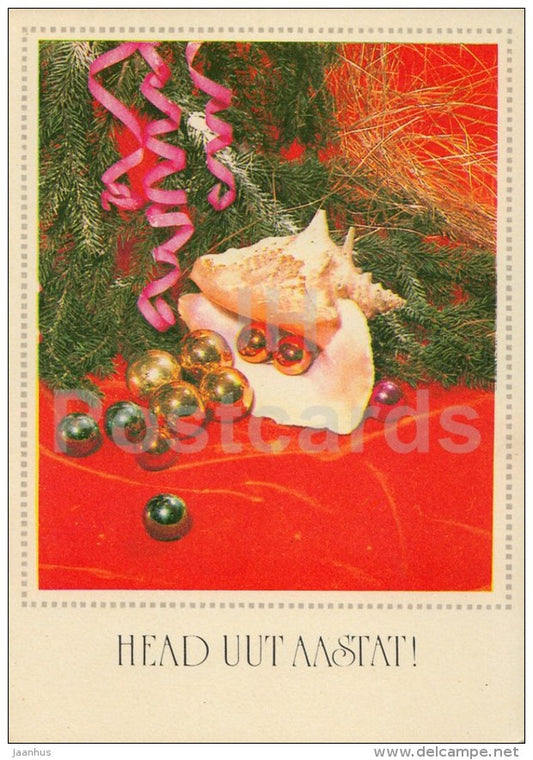 New Year Greeting card - 1 - decorations - sea shell - 1977 - Estonia USSR - used - JH Postcards