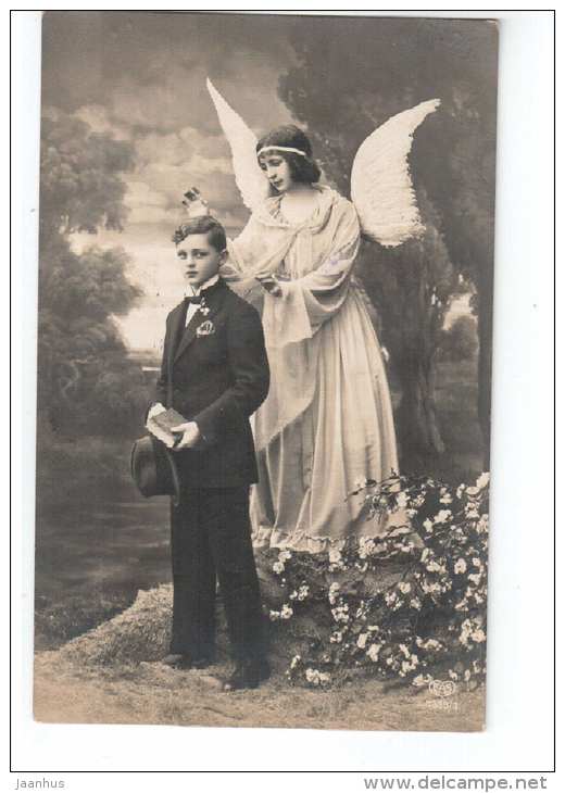 Boy with Angel - EAS 7335/1 - old postcard - circulated in Estonia 1928 Baltiski - used - JH Postcards