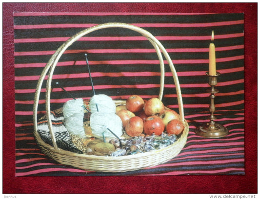 New Year Greeting card - candies - apples - candle - knitting thread - 1971 - Estonia USSR - used - JH Postcards
