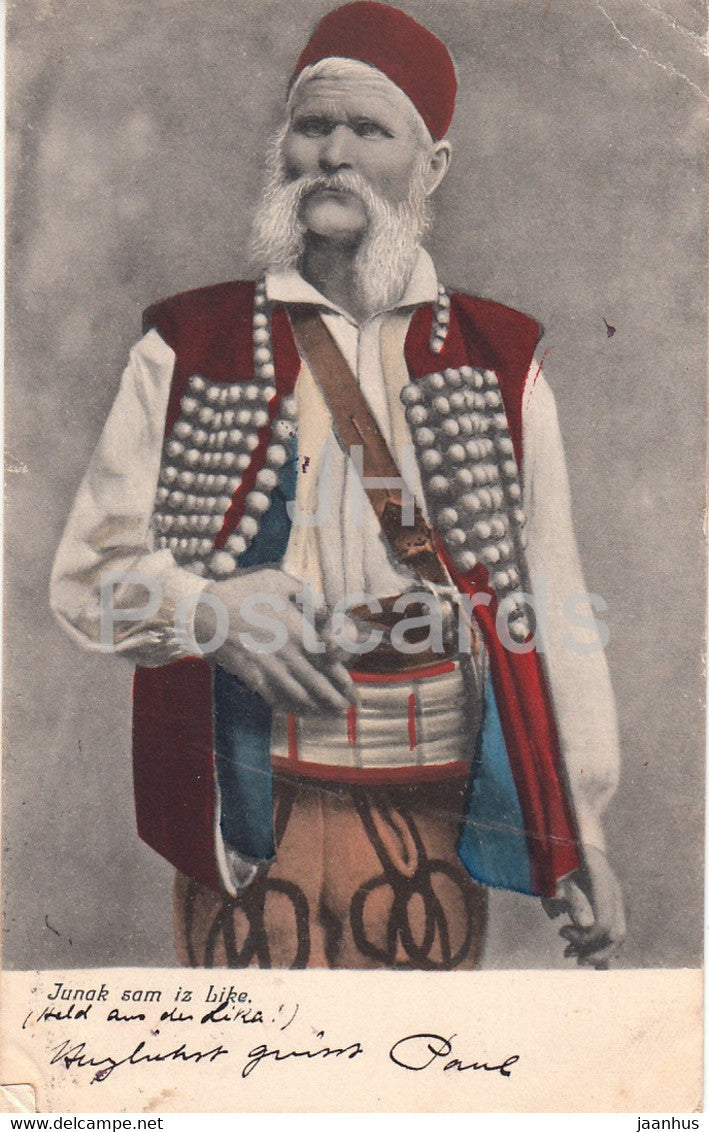 Junak sam iz Like - man from Lika - folk costumes - old postcard - 1908 - Croatia - used - JH Postcards