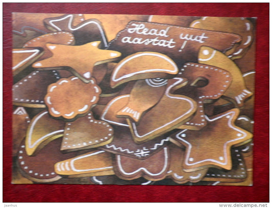 New Year Greeting card - by R. Lukk - Gingerbread - 1987 - Estonia USSR - used - JH Postcards