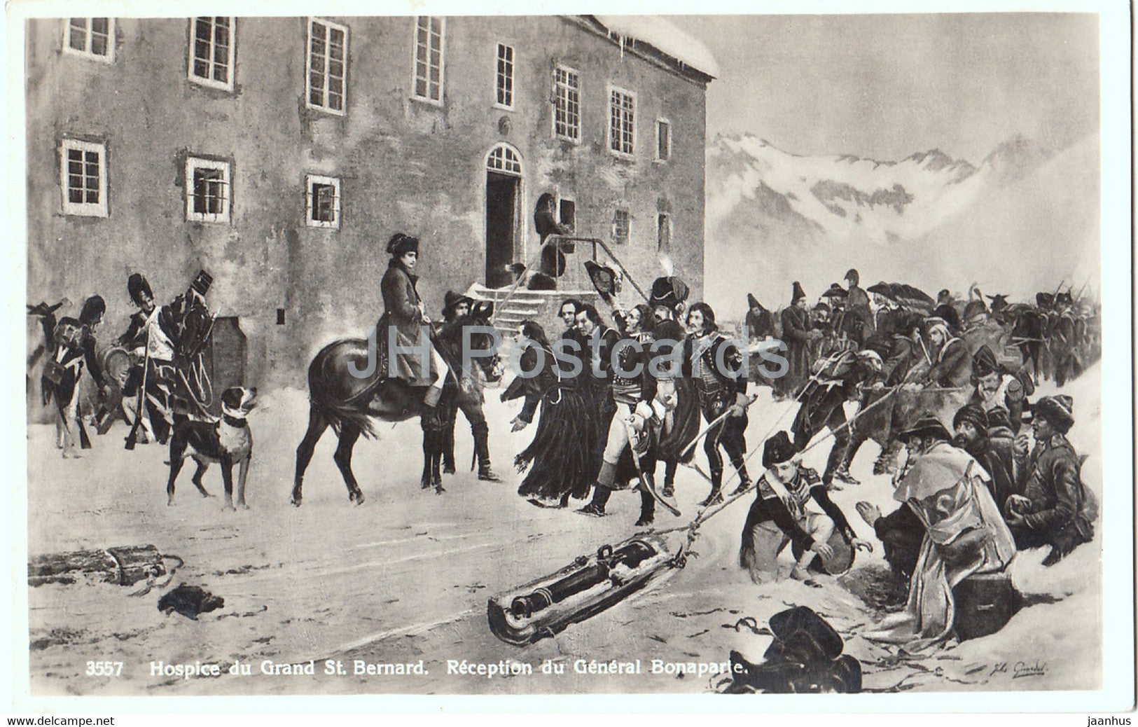 Hospice du Grand St Bernard - Reception du General Bonaparte - horse - dog - 3557 - old postcard - Switzerland - unused - JH Postcards