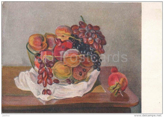 painting by E. Aslamazyan - Fruits - grape - apple - peach - armenian art - unused - JH Postcards