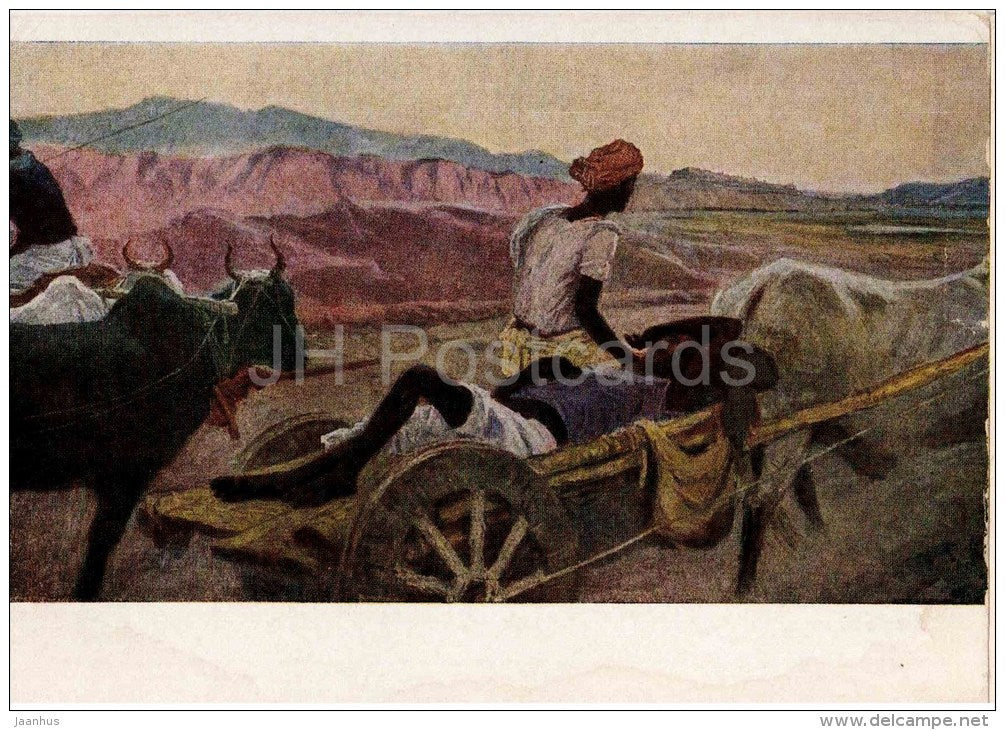 painting by M. Abdullaev - From Work - India - bull carriage - azerbaijan art - unused - JH Postcards