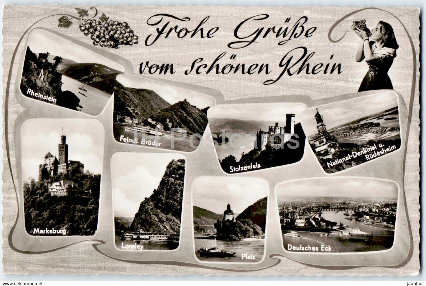 Frohe Grusse vom Schonen Rhein - Rheinstein - Stolzenfels - Marksburg - Loreley - old postcard - Germany - unused - JH Postcards