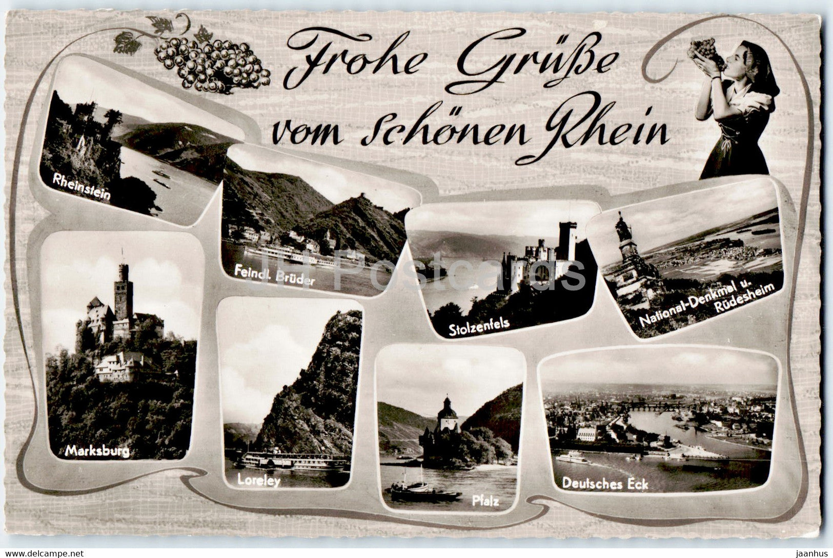 Frohe Grusse vom Schonen Rhein - Rheinstein - Stolzenfels - Marksburg - Loreley - old postcard - Germany - unused - JH Postcards