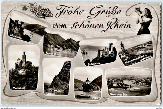 Frohe Grusse vom Schonen Rhein - Rheinstein - Stolzenfels - Marksburg - Loreley - old postcard - Germany - unused - JH Postcards