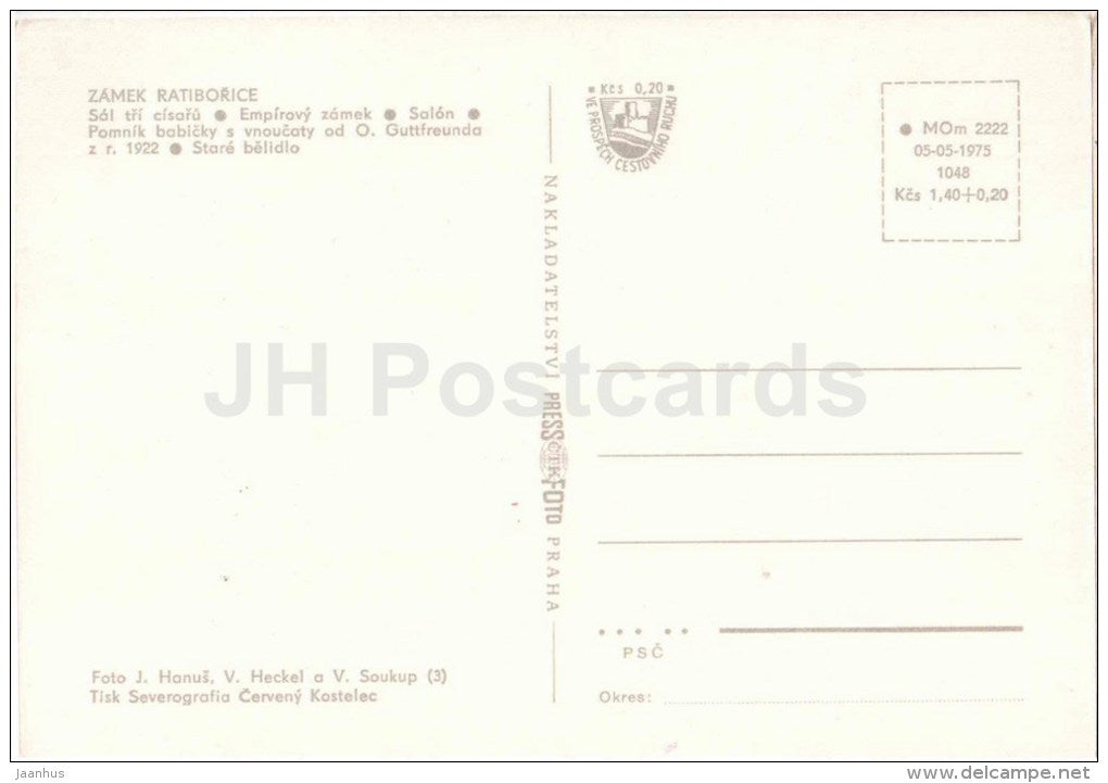 Ratiborice - hall Three Emperors - Empire castle - salon - old bleaching - Czechoslovakia - Czech - unused - JH Postcards