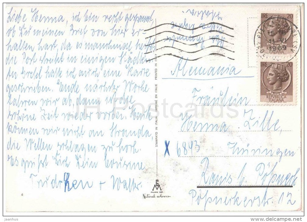 Italia - Italy - 6 - sent from Italy to Germany 1969 - JH Postcards