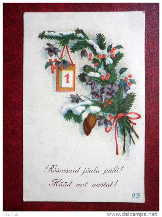 Christmas Greeting Card - cones - calendar - KJ 88 - circulated in 1934 - Estonia - used - JH Postcards