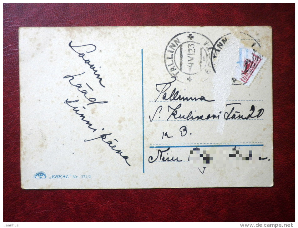 Birthday Greeting Card - signed by Usabal - woman with mandolin - circulated in Estonia 1923 , Tallinn - used - JH Postcards