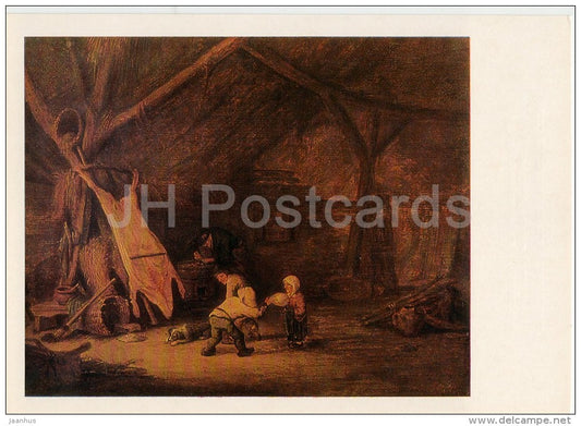 painting by Adriaen van Ostade - Shed with playing children , 1639 - Dutch art - Russia USSR - 1985 - unused - JH Postcards
