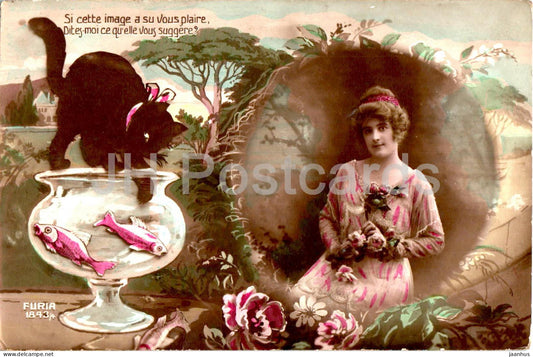 Si cette image a su Vous plaire, dites moi ce qu'elle vous suggere - woman - cat - 1834/4 - old postcard - France - used - JH Postcards