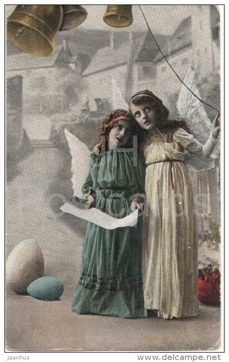 easter greeting card - children - angel - eggs - bells - 1772/4 - circulated in Estonia 1923 - JH Postcards