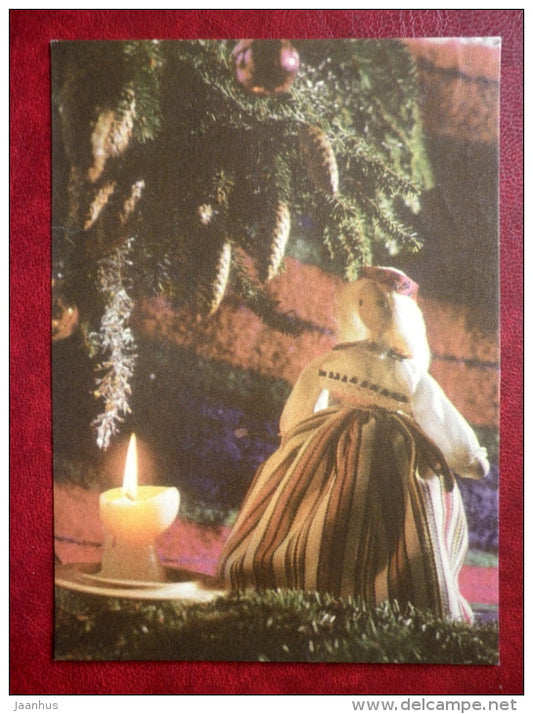New Year Greeting card - candle - doll in folk costumes - 1971 - Estonia USSR - used - JH Postcards