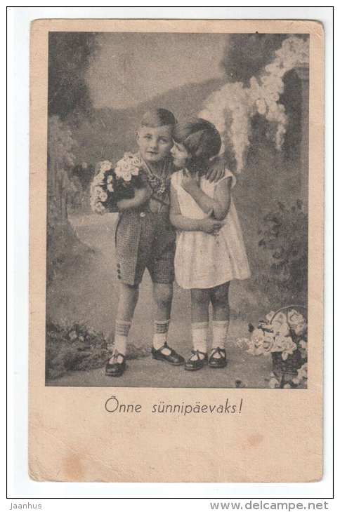 Birthday Greeting Card - flowers - children - old postcard - circulated in Estonia - used - JH Postcards