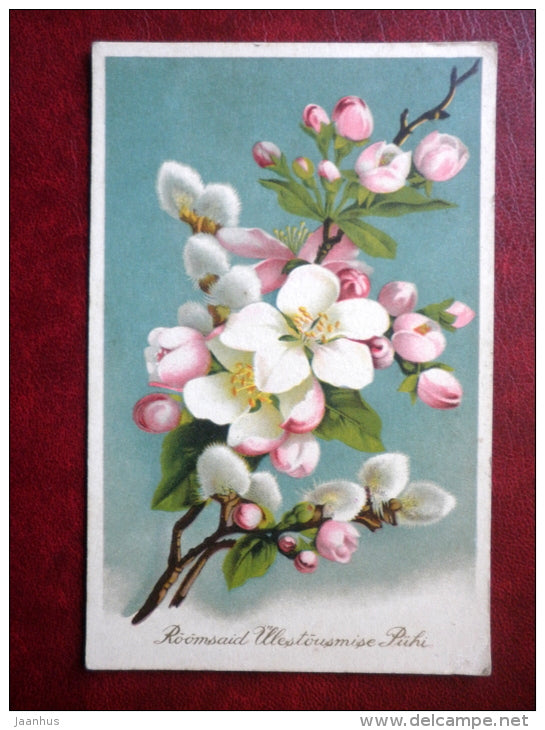 Easter Greeting Card - apple blossoms - circulated in Estonia 1940 , Silla - Estonia - used - JH Postcards