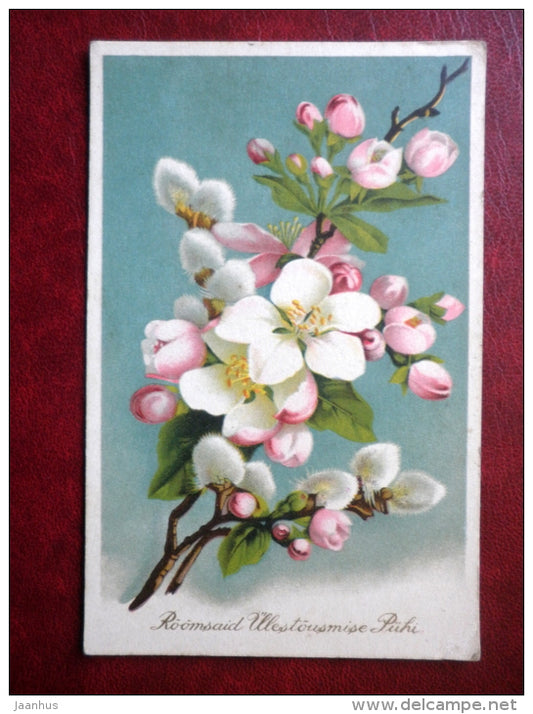 Easter Greeting Card - apple blossoms - circulated in Estonia 1940 , Silla - Estonia - used - JH Postcards