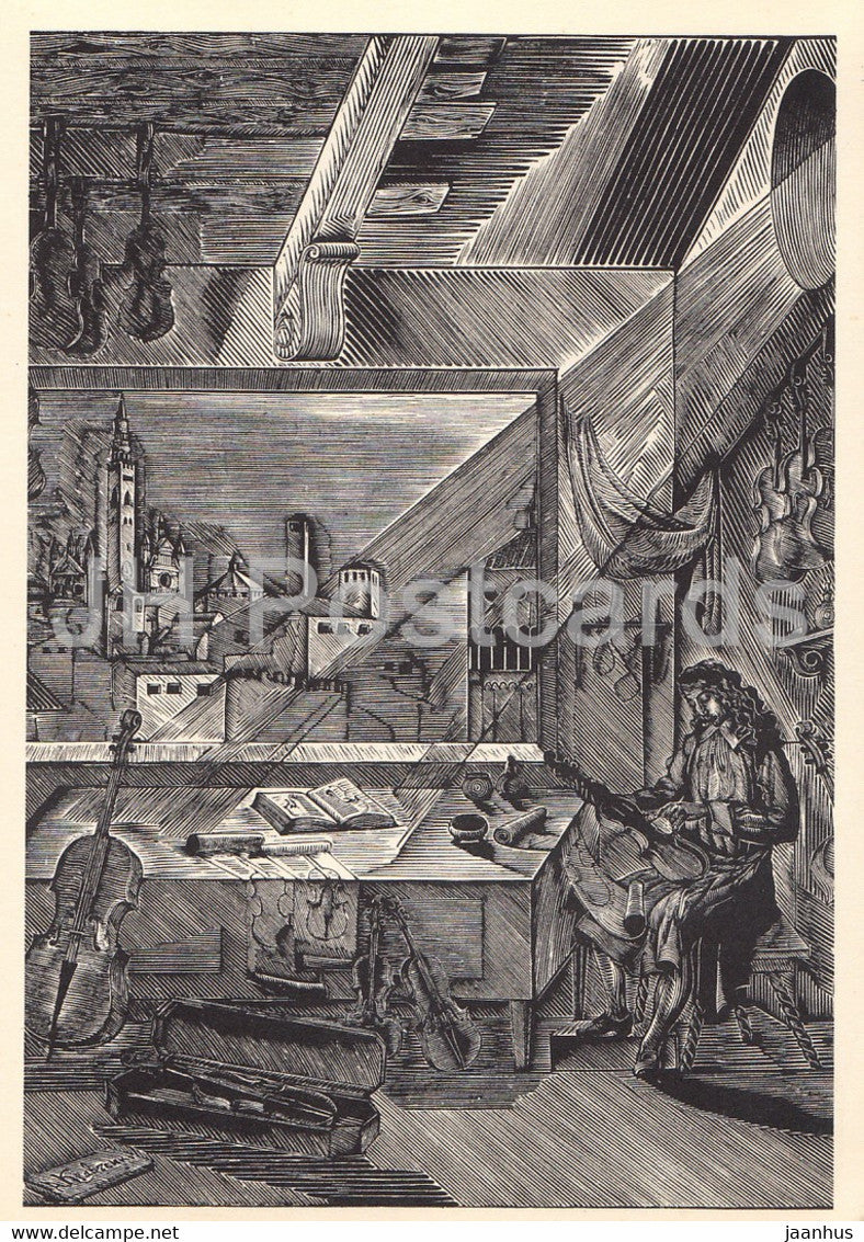 illustration by Kravchenko - Stradivari in his workshop - violin - chello - 1962 - Russia USSR - unused - JH Postcards
