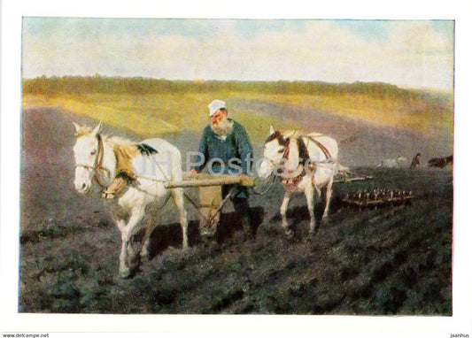 painting by Ilya Repin - Leo Tolstoy Ploughing - horse - Russian art - 1985 - Russia USSR - unused - JH Postcards