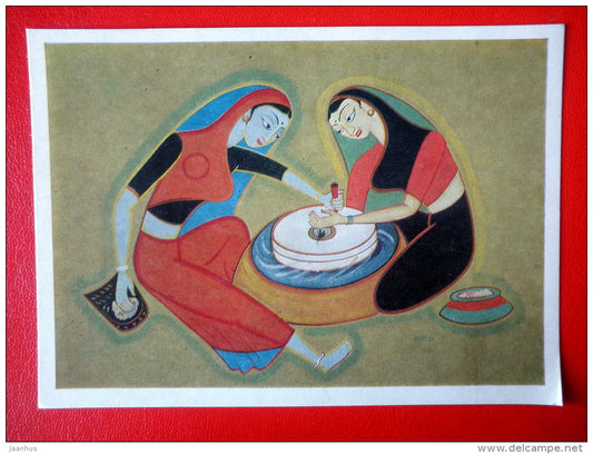 painting by Shirmati Kimala Mittal . Grinding Corn - women - indian art - unused - JH Postcards