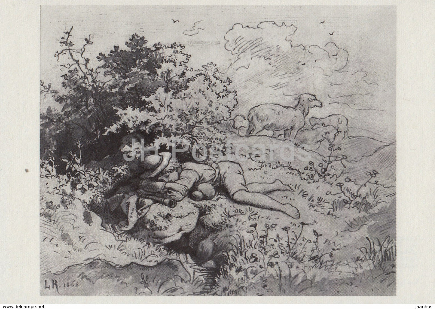 painting by Ludwig Richter - Der Hirtenknabe - shepherd boy - sheep - German art - Germany - unused - JH Postcards