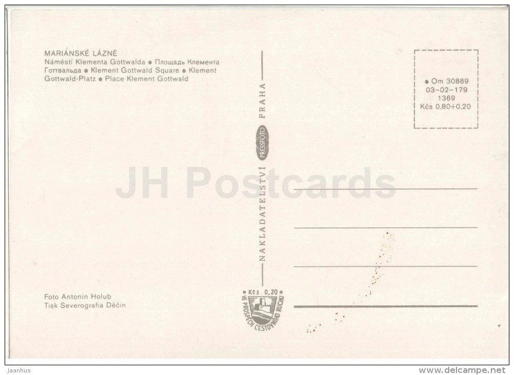 Klement Gottwald Square - Marianske Lazne - Marienbad - spa - Czechoslovakia - Czech - unused - JH Postcards