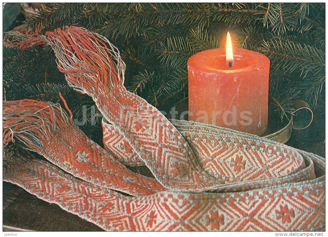 New Year Greeting card - 1 - candle - belt of folk costume - 1981 - Estonia USSR - used - JH Postcards