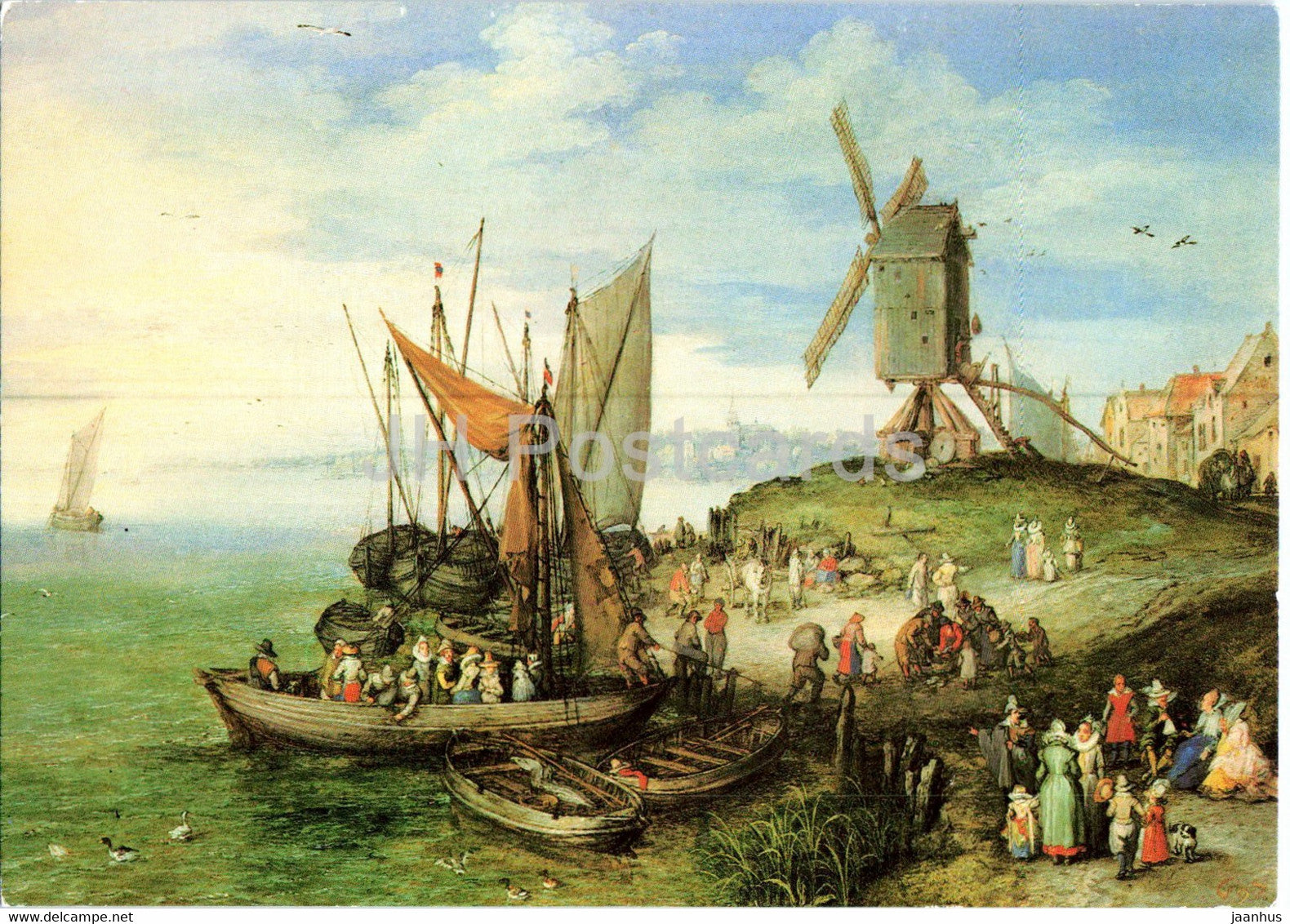 painting by Jan Brueghel the Elder - Muhle am Landungssteg - windmill - boat - Flemish art - Germany - unused - JH Postcards