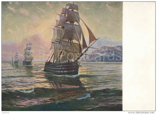 painting by E. Lvov - Nakhimov Squadron - battleship - sailing ship - russian art - unused - JH Postcards