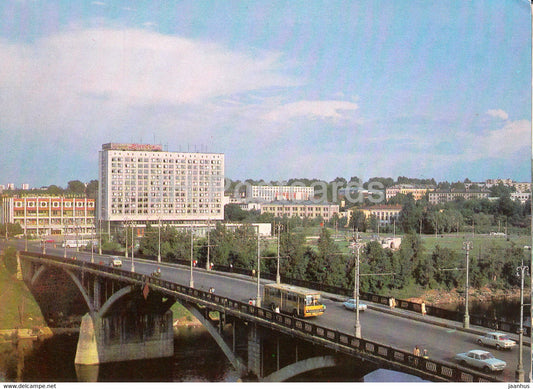 Vitebsk - hotel Vitebsk - bridge - bus Ikarus - 1984 - Belarus USSR - unused - JH Postcards