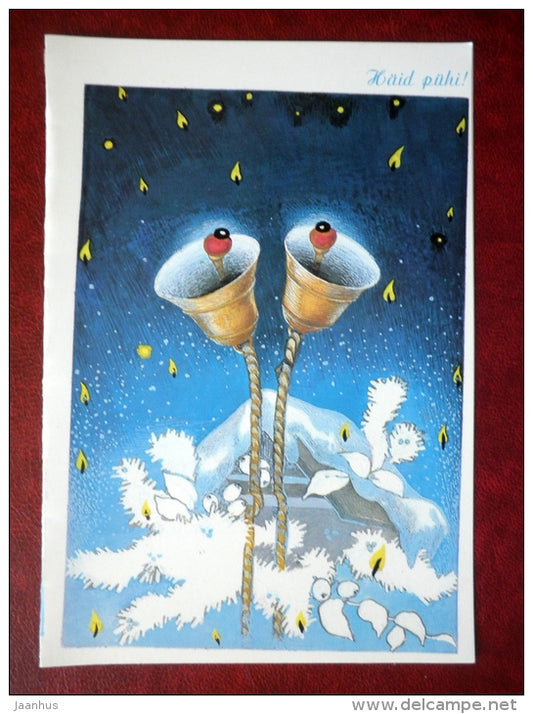 New Year Greeting card - illustration by Sirje Eelma - sleigh bells - 1989 - Estonia USSR - used - JH Postcards