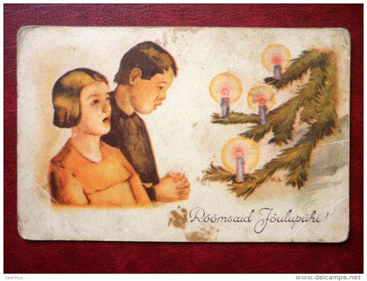 Christmas Greeting Card - young people - candle - spruce - 1920s-1930s - Estonia - used - JH Postcards