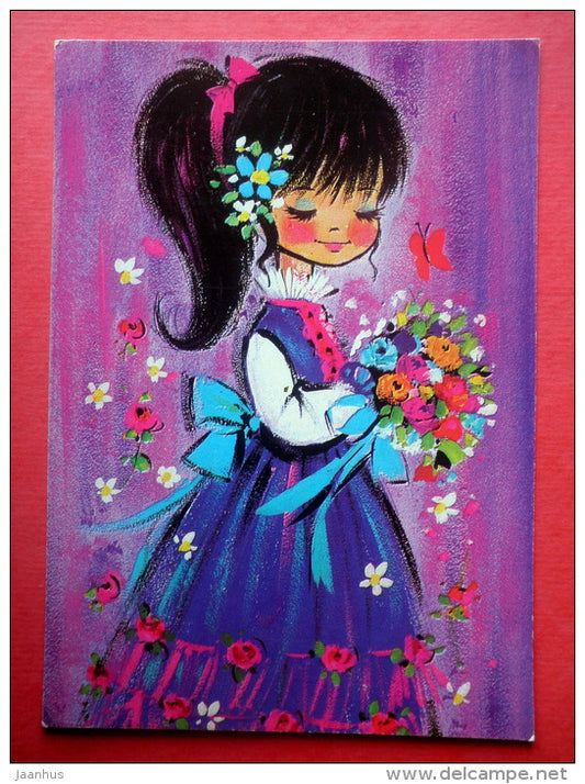 illustration - girl - butterfly - 2705/10 - circulated in Finland - JH Postcards