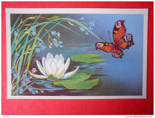 Greeting Card - by G. Linde - butterfly - water lily - 1989 - Russia USSR - unused - JH Postcards