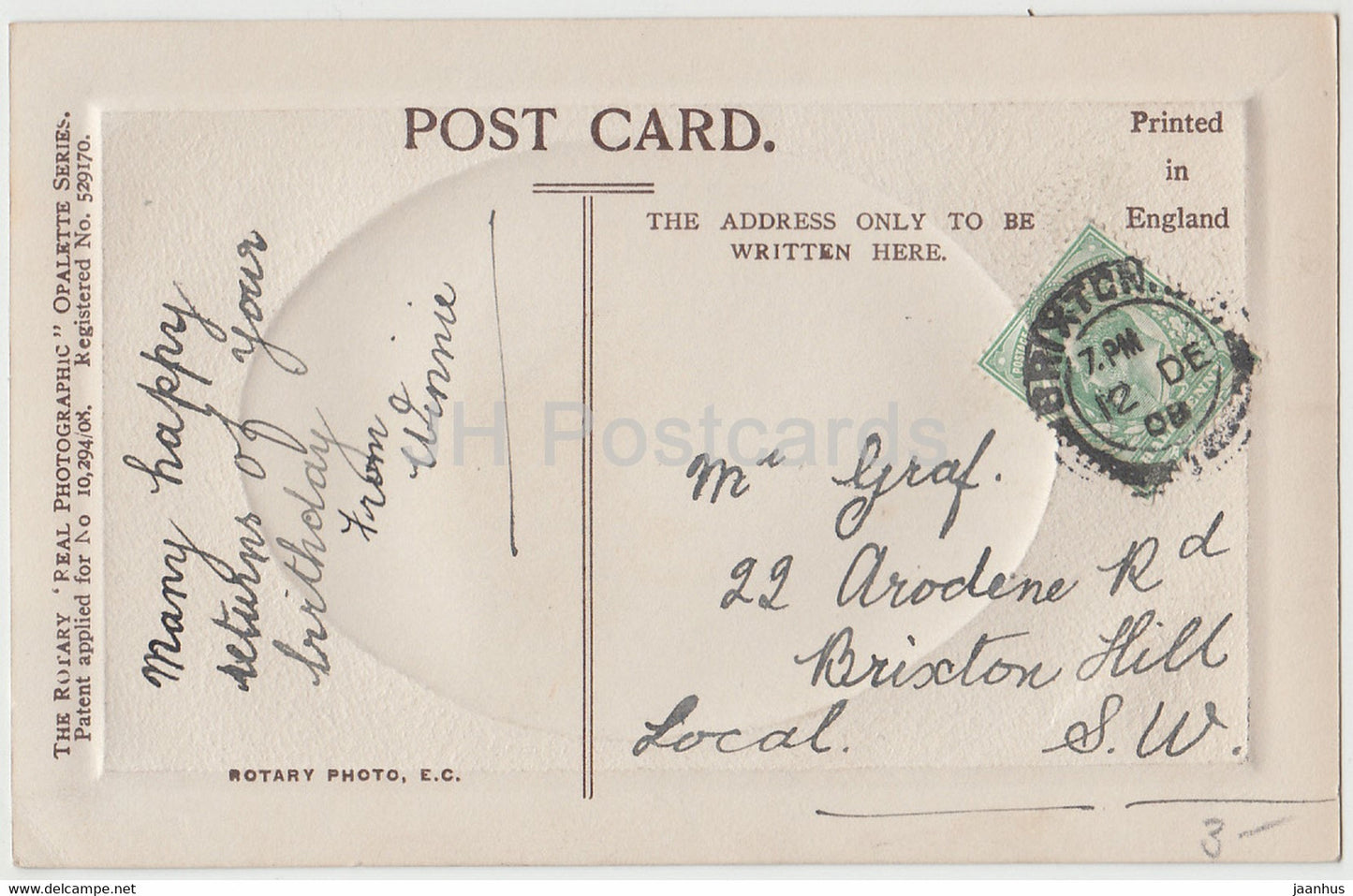 Geburtstagsgrüße – Die Gnade des Himmels wird niedergeschüttet – Mädchen – alte Postkarte von Opalette – 1908 – Vereinigtes Königreich – gebraucht