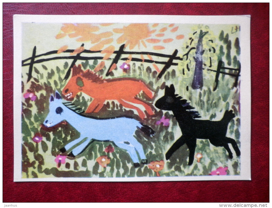 Horses in the Paddock - illustration by U. Abel - Juvenile Artists - 1970 - Estonia USSR - unused - JH Postcards