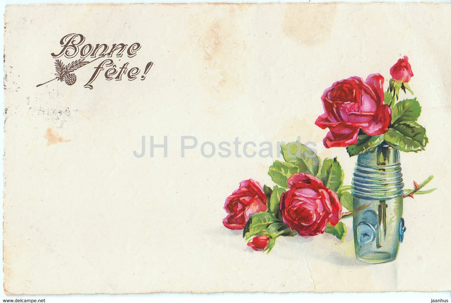 Birthday Greeting Card - Bonne Fete - roses - flowers - BNK 3561 - old postcard - 1935 - France - used - JH Postcards