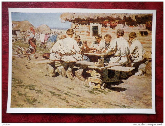 Painting by S. A. Vinogradov - workers lunch , 1890 - rural - russian art - unused - JH Postcards