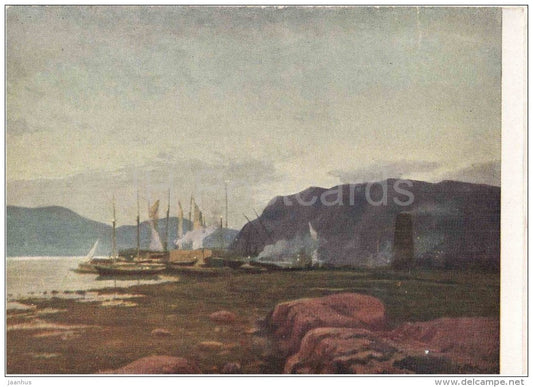 painting by M. Kuznetsov-Volzhsky - Northern Landscape - sailing ship - russian art - unused - JH Postcards