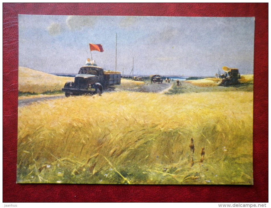 Painting by Viktor Karrus - Crop for the State - truck - soviet red flag - estonian art - unused - JH Postcards